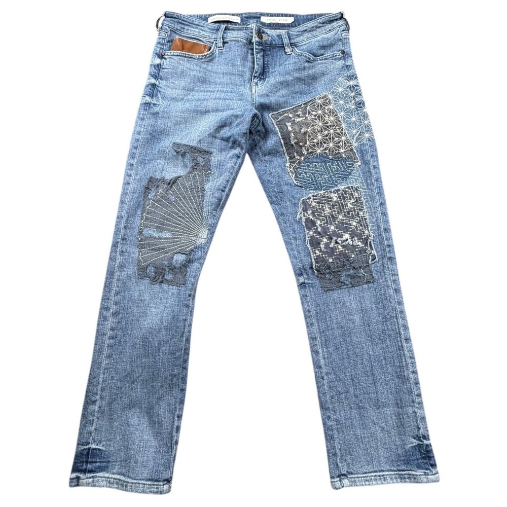 Pilcro Anthropologie Hyphen Patchwork Embroidered Straight Jeans 29 Medium Wash